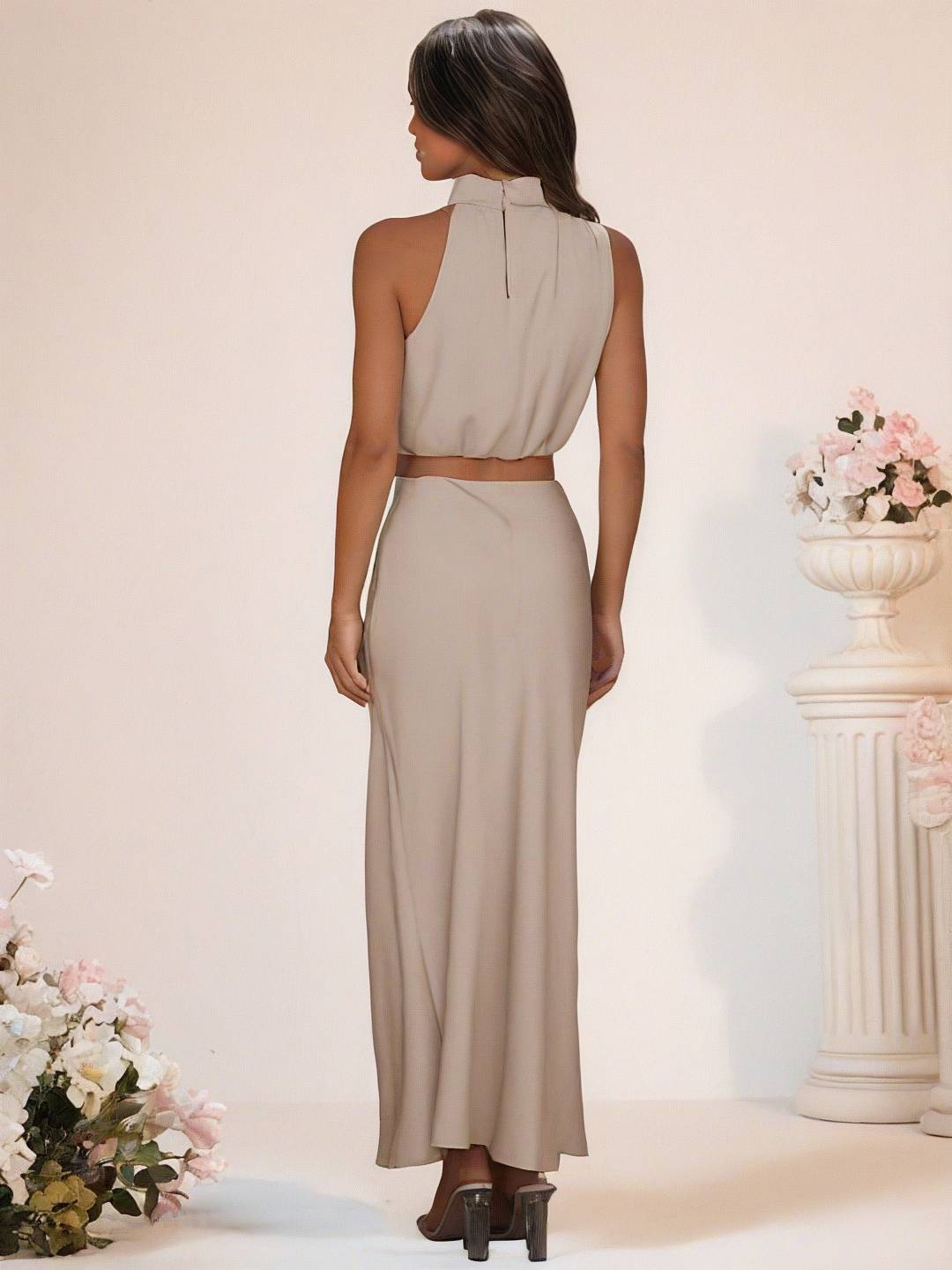 Valenzora | Brautjungfernkleid Satin Rollkragen Ärmellos Kurzer Langer Rock Damen Elegantes Trauzeugin Kleid
