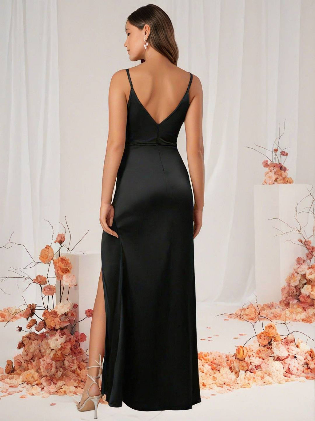 Valenzora | Bridesmaid Dress Satin V-Neck Split Back Sleeveless Evening Guest Wedding Dress