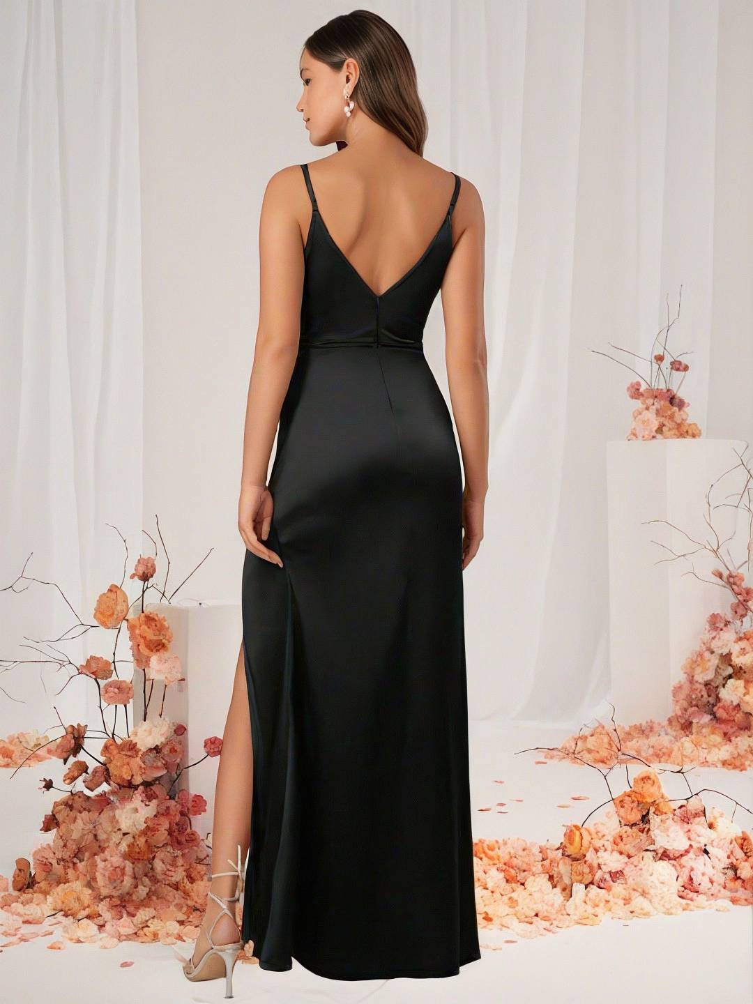 Valenzora | Bridesmaid Dress Satin V-Neck Split Back Sleeveless Evening Guest Wedding Dress