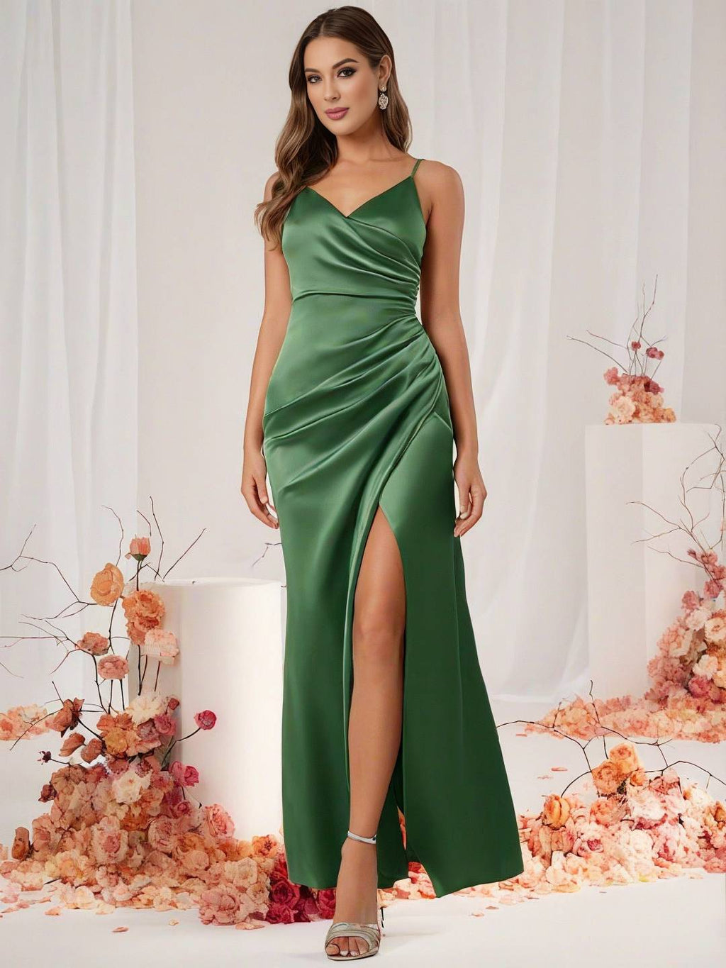Valenzora | Bridesmaid Dress Satin V-Neck Split Back Sleeveless Evening Guest Wedding Dress