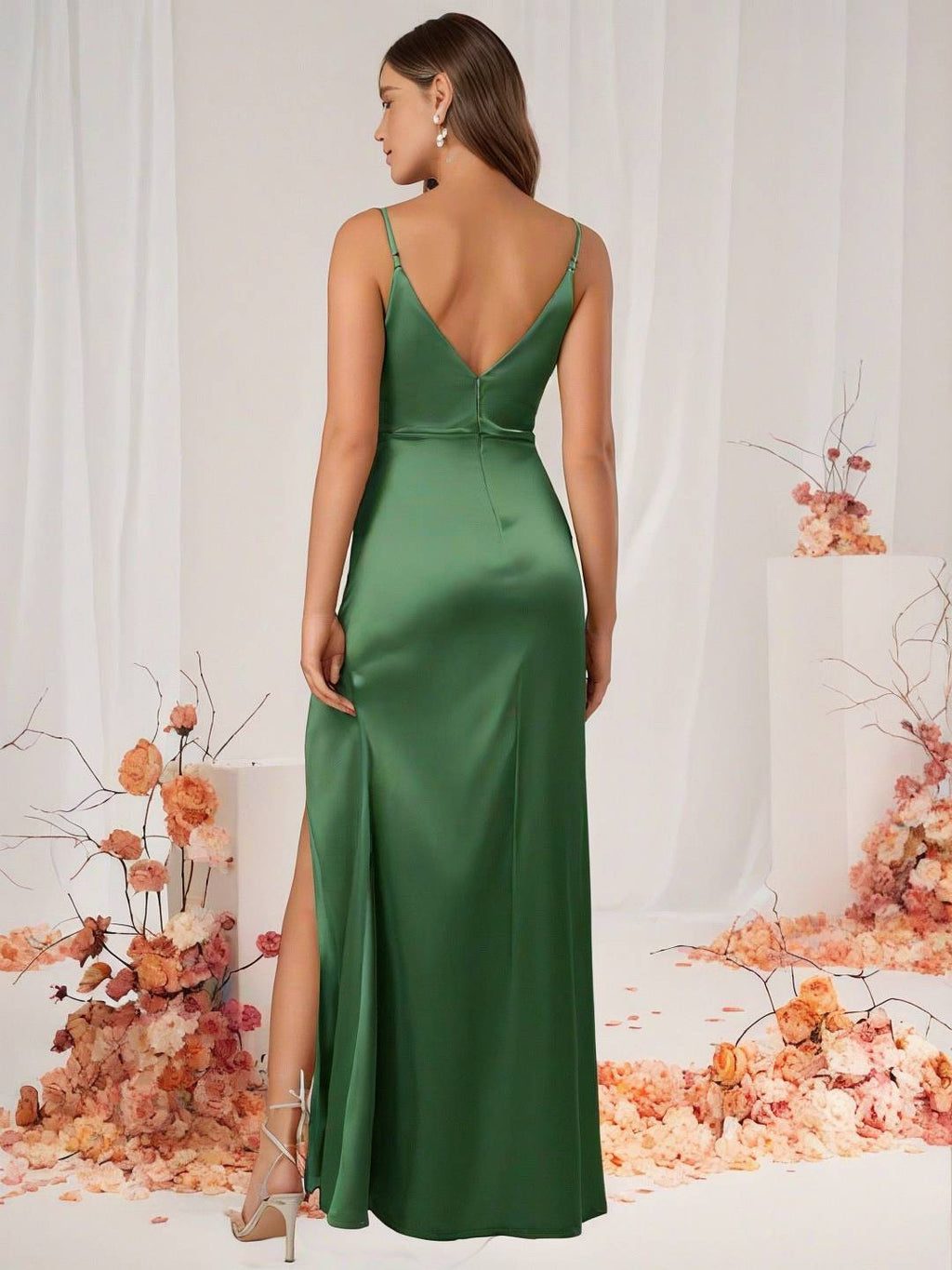 Valenzora | Bridesmaid Dress Satin V-Neck Split Back Sleeveless Evening Guest Wedding Dress