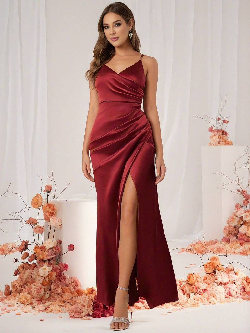 Valenzora | Bridesmaid Dress Satin V-Neck Split Back Sleeveless Evening Guest Wedding Dress