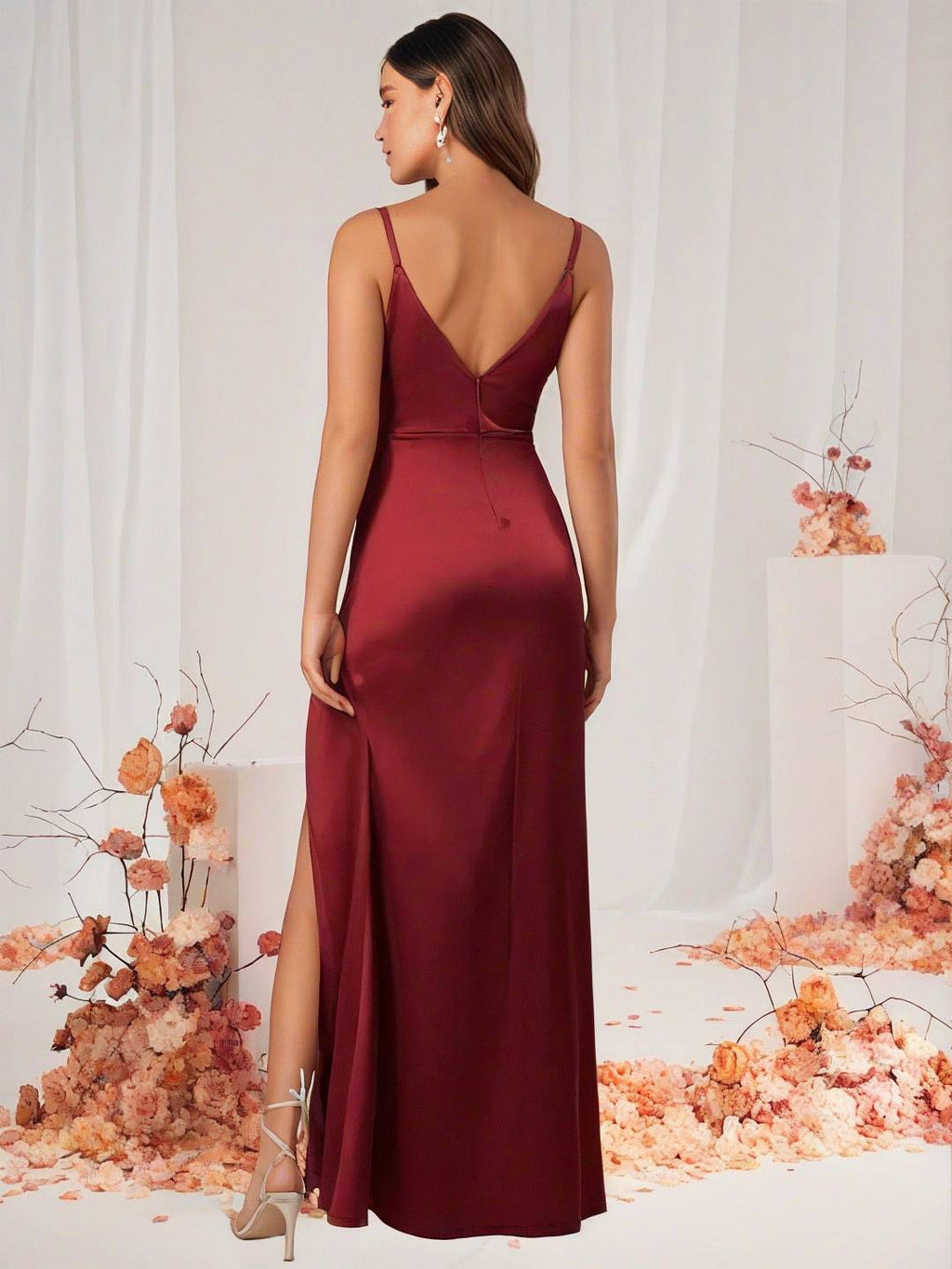 Valenzora | Bridesmaid Dress Satin V-Neck Split Back Sleeveless Evening Guest Wedding Dress