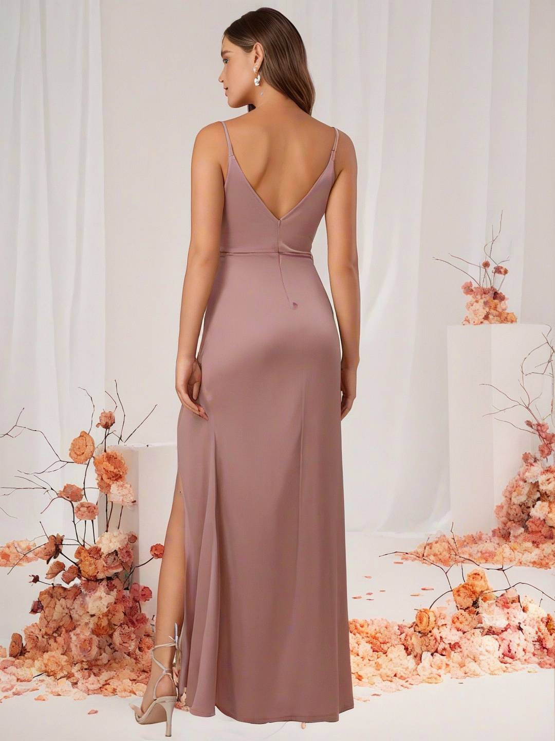 Valenzora | Bridesmaid Dress Satin V-Neck Split Back Sleeveless Evening Guest Wedding Dress