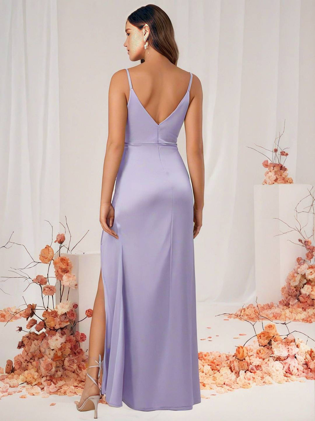 Valenzora | Bridesmaid Dress Satin V-Neck Split Back Sleeveless Evening Guest Wedding Dress
