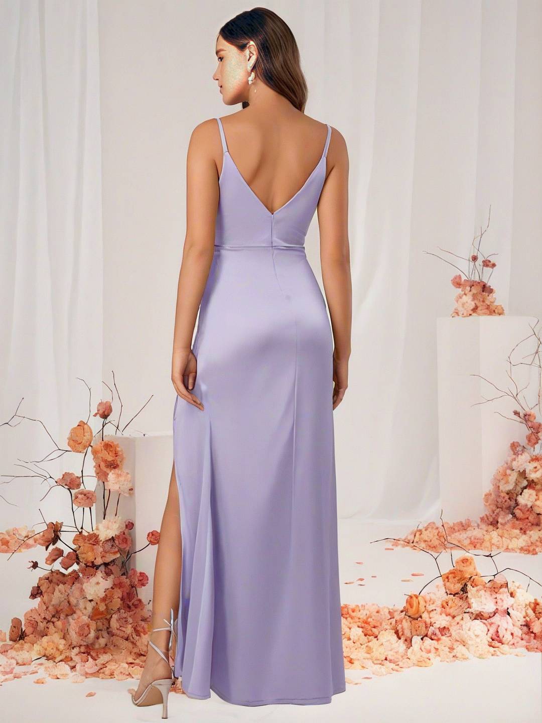 Valenzora | Bridesmaid Dress Satin V-Neck Split Back Sleeveless Evening Guest Wedding Dress