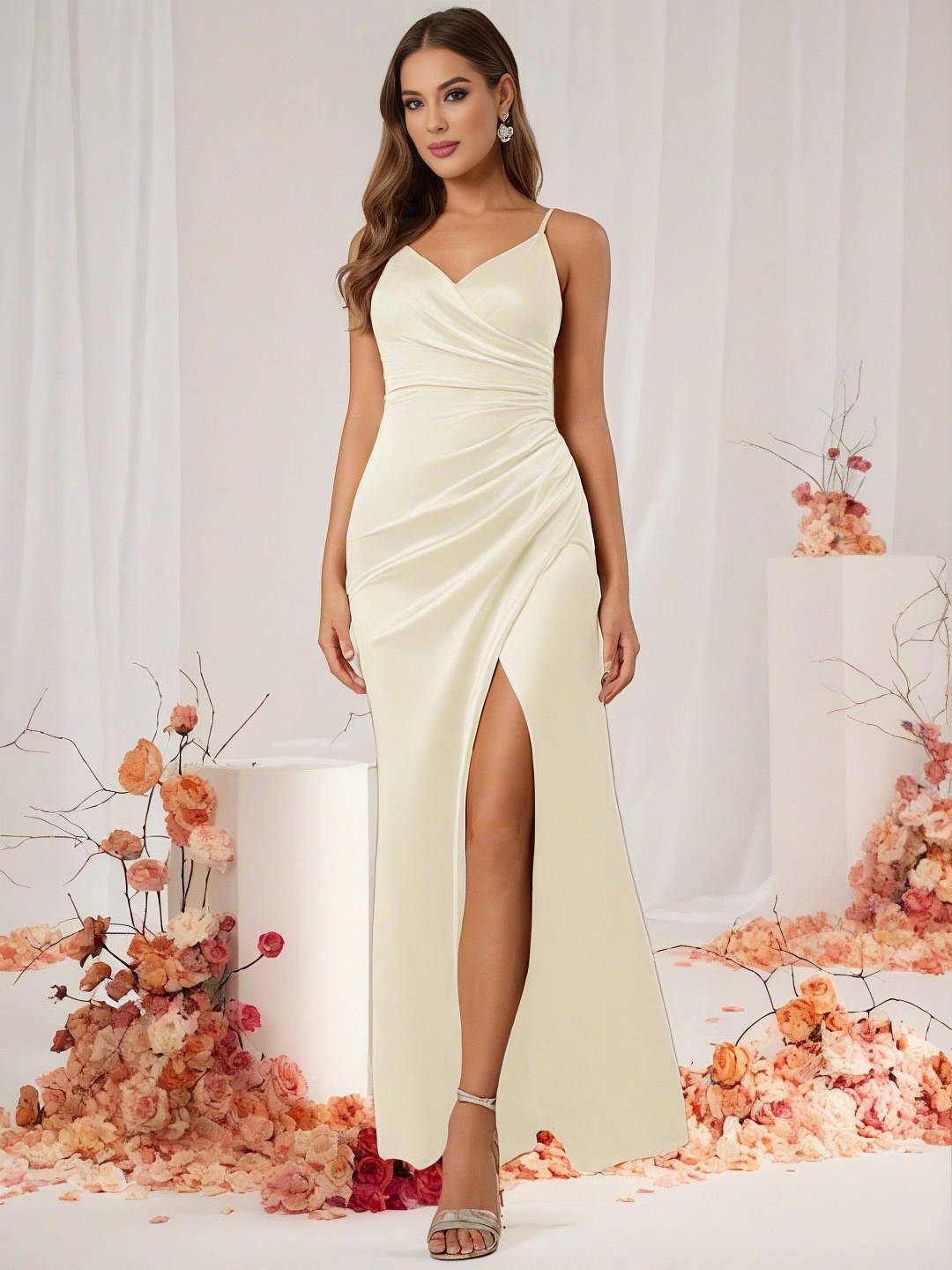 Valenzora | Bridesmaid Dress Satin V-Neck Split Back Sleeveless Evening Guest Wedding Dress