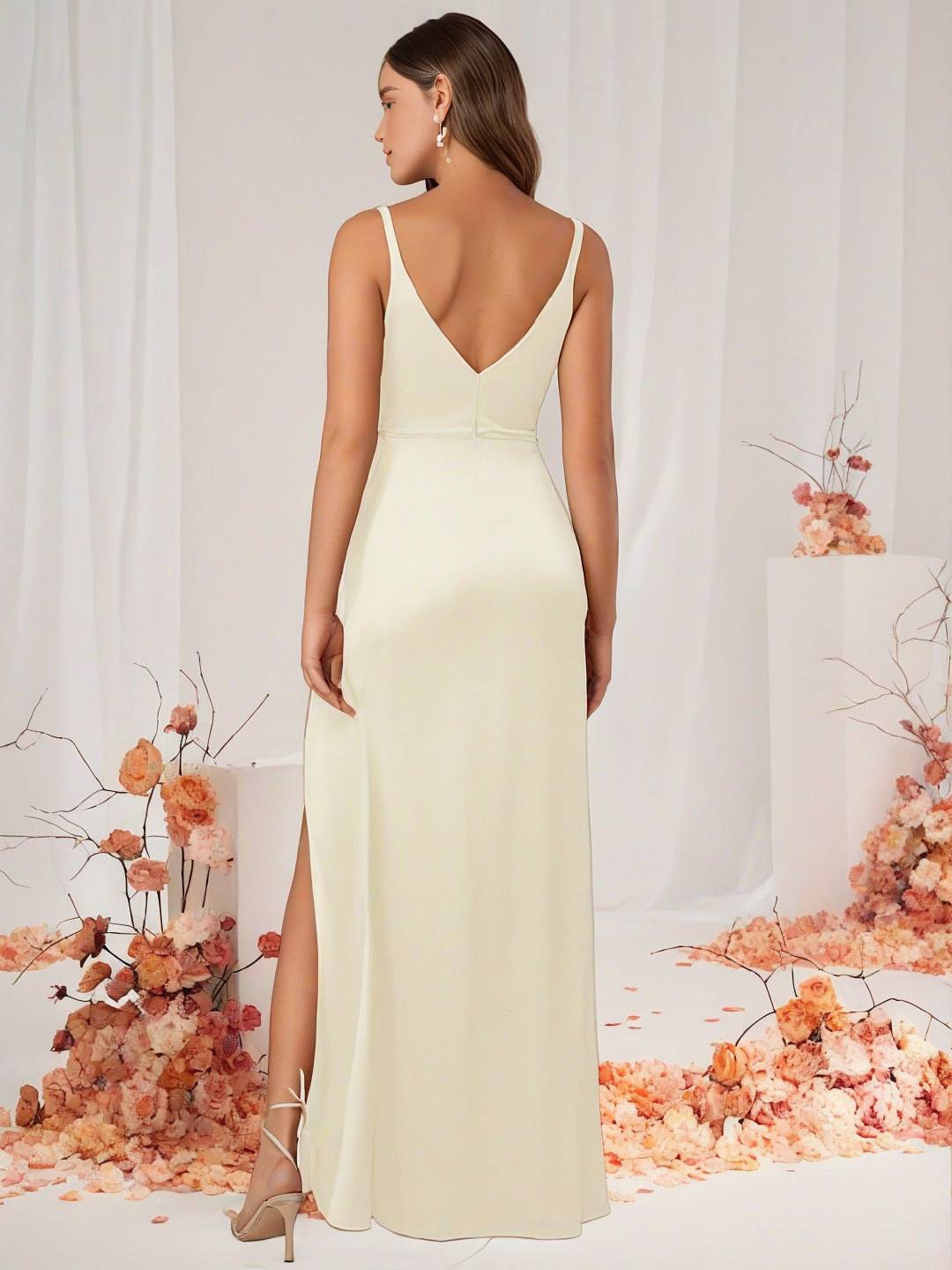 Valenzora | Bridesmaid Dress Satin V-Neck Split Back Sleeveless Evening Guest Wedding Dress