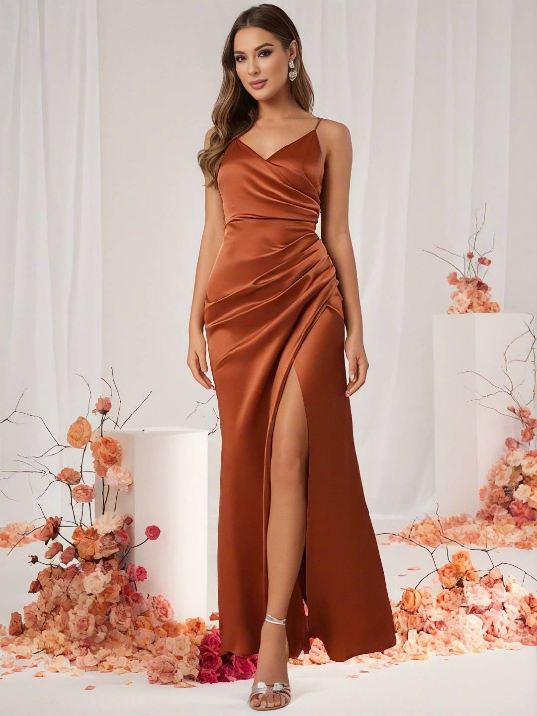 Valenzora | Bridesmaid Dress Satin V-Neck Split Back Sleeveless Evening Guest Wedding Dress