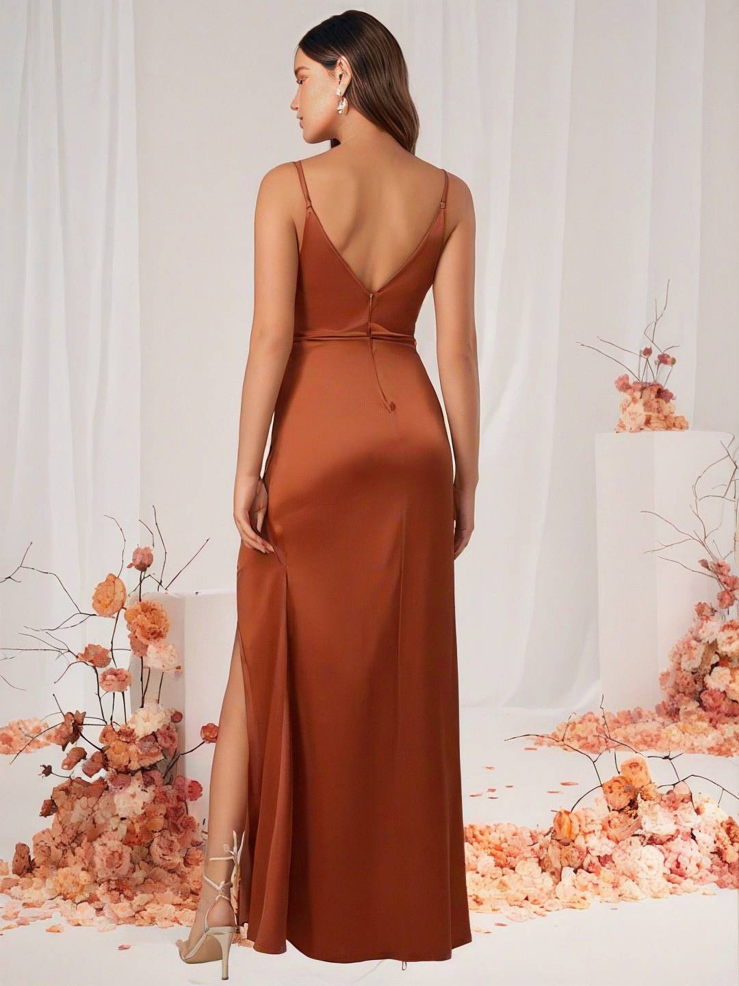 Valenzora | Bridesmaid Dress Satin V-Neck Split Back Sleeveless Evening Guest Wedding Dress
