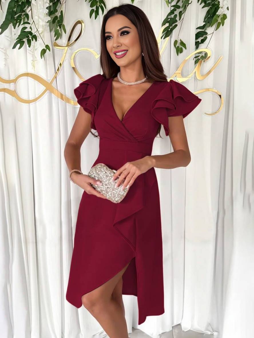 Valenzora | Short V-neck Irregular dress with short sleeves Layered ruffles Elegant fashion Wedding guest