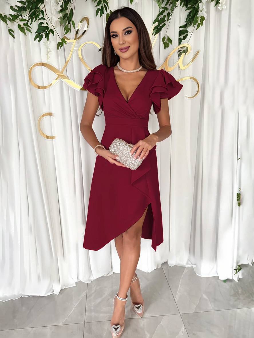Valenzora | Short V-neck Irregular dress with short sleeves Layered ruffles Elegant fashion Wedding guest