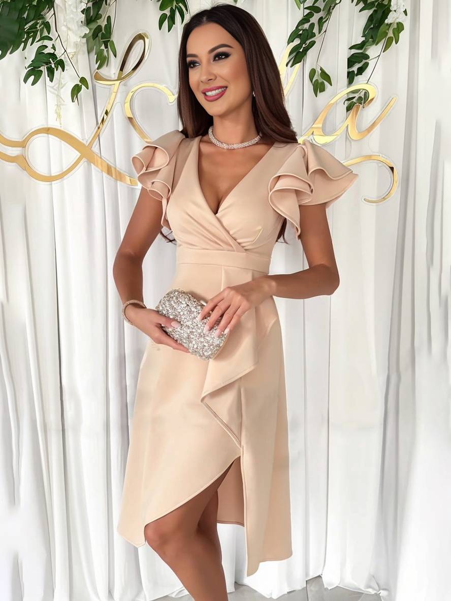 Valenzora | Short V-neck Irregular dress with short sleeves Layered ruffles Elegant fashion Wedding guest