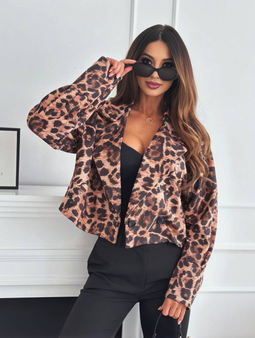Valenzora | Short leopard print motorcycle jacket with buttons, long sleeves, women's, elegant, casual, fashion Perfecto