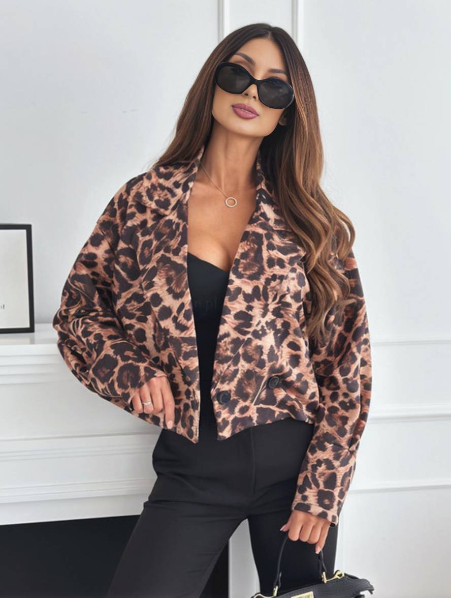 Valenzora | Short leopard print motorcycle jacket with buttons, long sleeves, women's, elegant, casual, fashion Perfecto