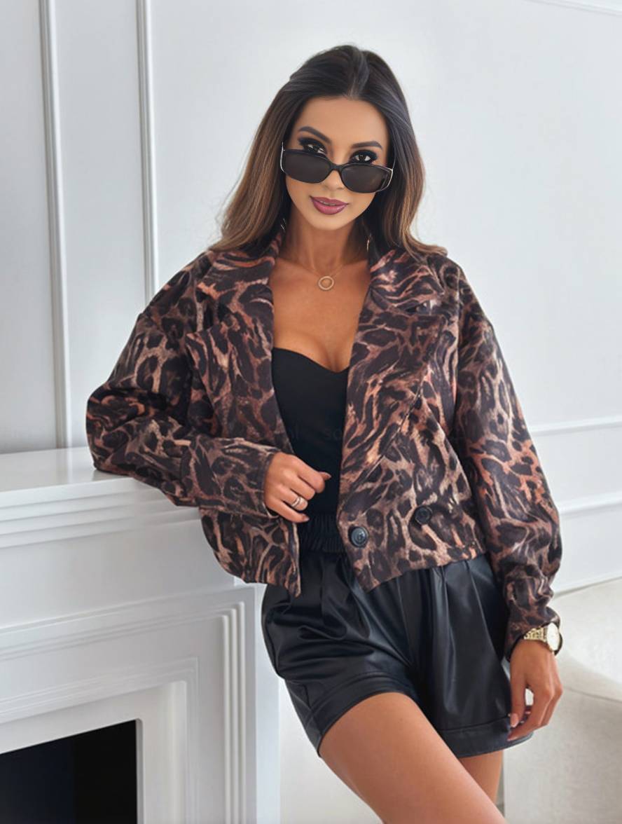 Valenzora | Short leopard print motorcycle jacket with buttons, long sleeves, women's, elegant, casual, fashion Perfecto