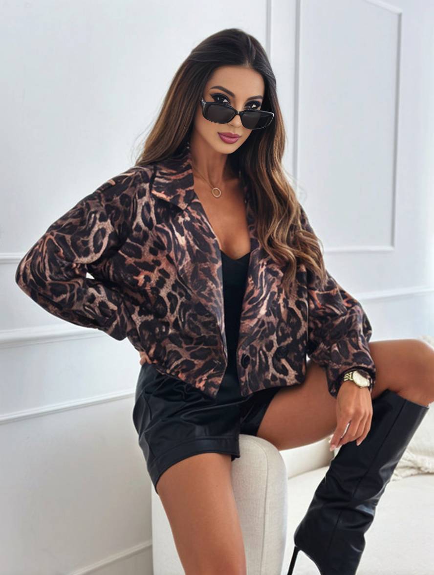 Valenzora | Short leopard print motorcycle jacket with buttons, long sleeves, women's, elegant, casual, fashion Perfecto