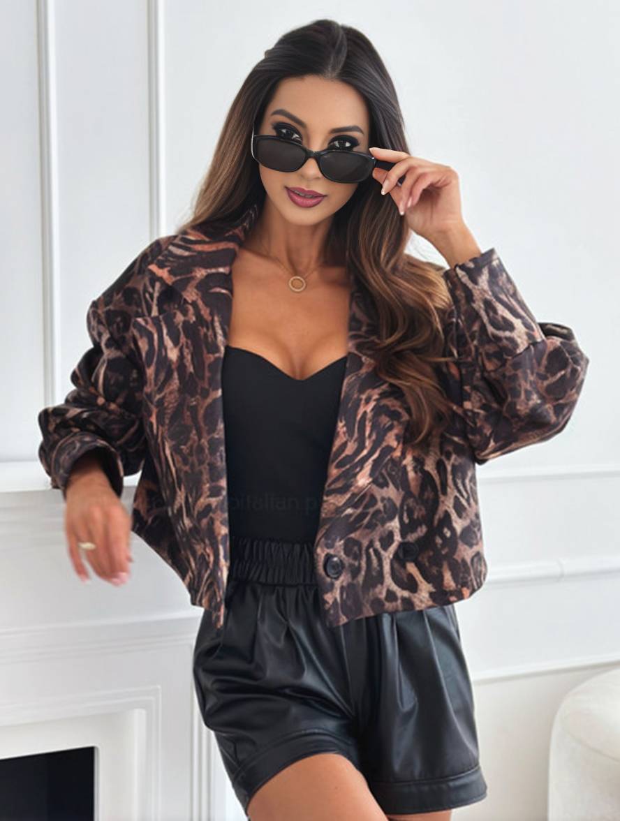 Valenzora | Short leopard print motorcycle jacket with buttons, long sleeves, women's, elegant, casual, fashion Perfecto