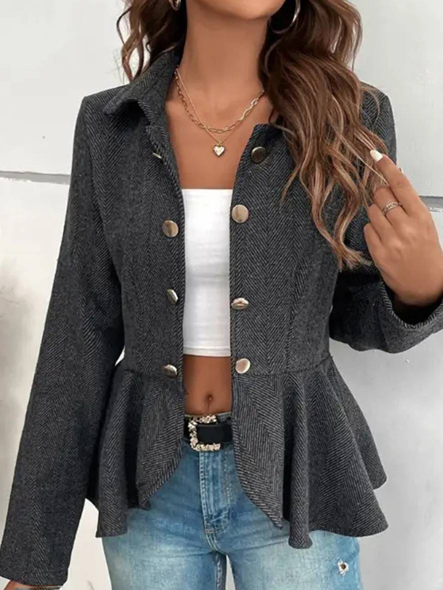 Valenzora | Kurzer Blazer Chevron Schößchen Doppelknopfverschluss Reverskragen Lange Ärmel Elegante Freizeitjacke für Damen