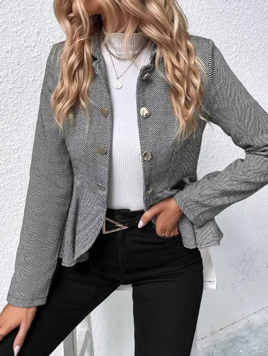 Valenzora | Kurzer Blazer Chevron Schößchen Doppelknopfverschluss Reverskragen Lange Ärmel Elegante Freizeitjacke für Damen