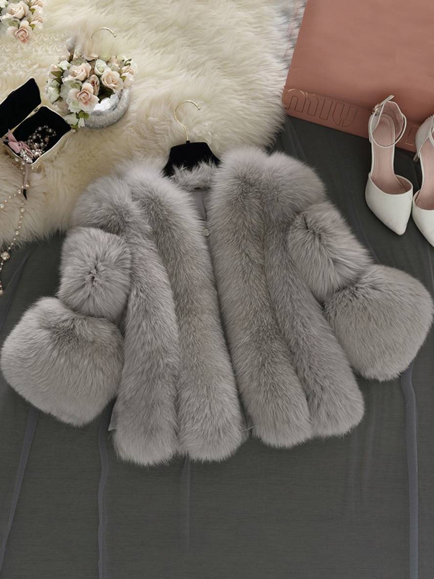 Valenzora | Solid Color Faux Fur Coat with Long Sleeves for Women Elegant Fashion Winter Jacket