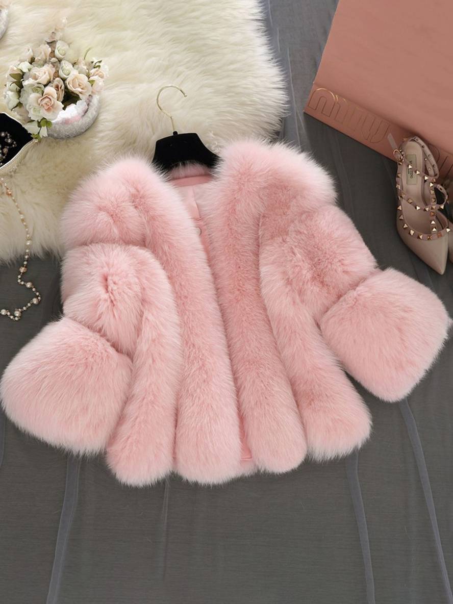 Valenzora | Solid Color Faux Fur Coat with Long Sleeves for Women Elegant Fashion Winter Jacket