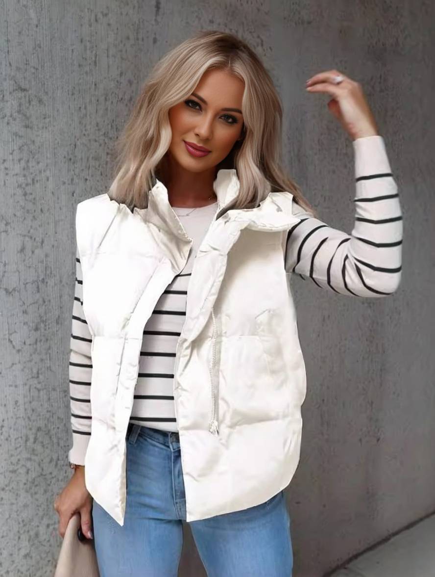 Valenzora | Short solid color down jacket with zippered pockets, sleeveless, women's elegant casual winter vest