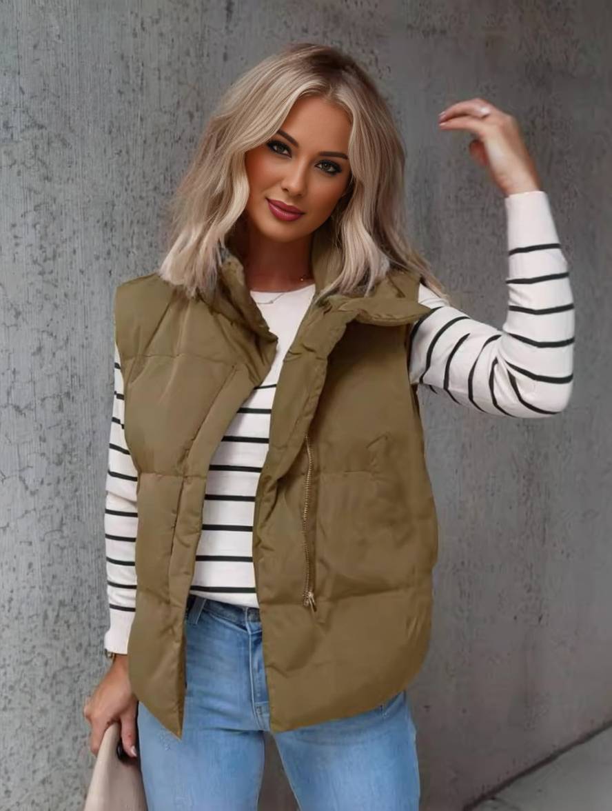Valenzora | Short solid color down jacket with zippered pockets, sleeveless, women's elegant casual winter vest