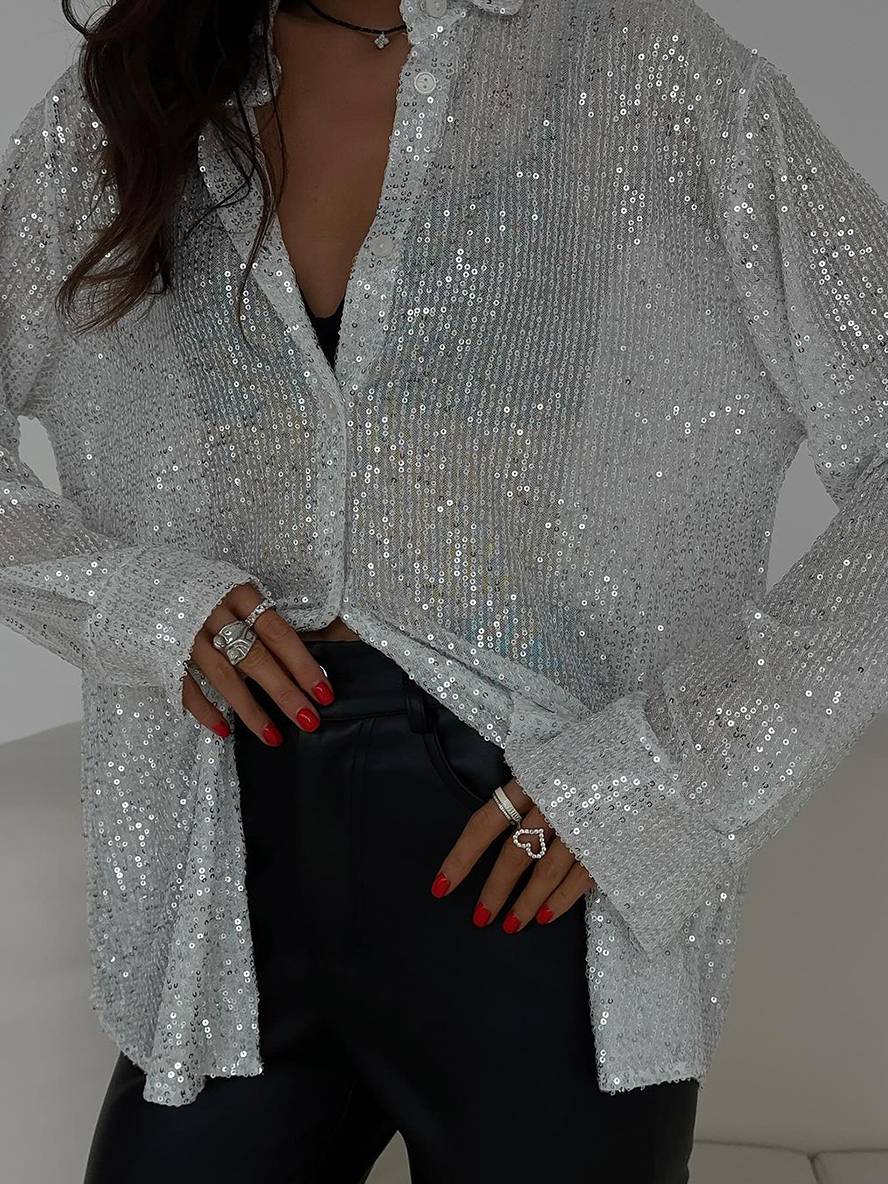 Valenzora | Blouse Brilliant Sequin Shirt Collar Shirt Long Sleeves Women's Elegant Casual Oversized