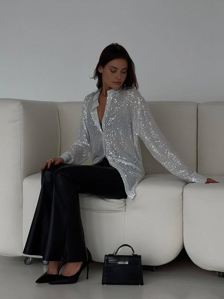 Valenzora | Blouse Brilliant Sequin Shirt Collar Shirt Long Sleeves Women's Elegant Casual Oversized