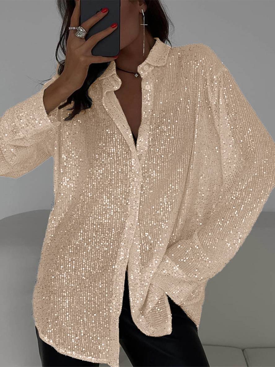 Valenzora | Blouse Brilliant Sequin Shirt Collar Shirt Long Sleeves Women's Elegant Casual Oversized