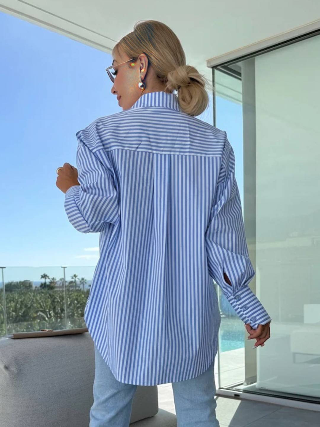 Valenzora | Striped Blouse Button-Up Shirt Collar Long Sleeves Women's Elegant Tailored Casual Plus Sizes
