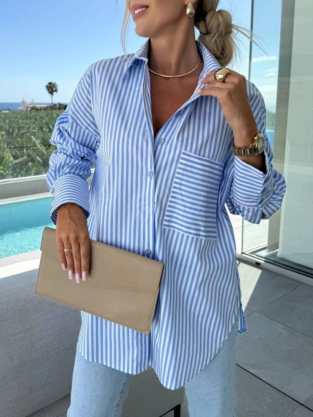 Valenzora | Striped Blouse Button-Up Shirt Collar Long Sleeves Women's Elegant Tailored Casual Plus Sizes