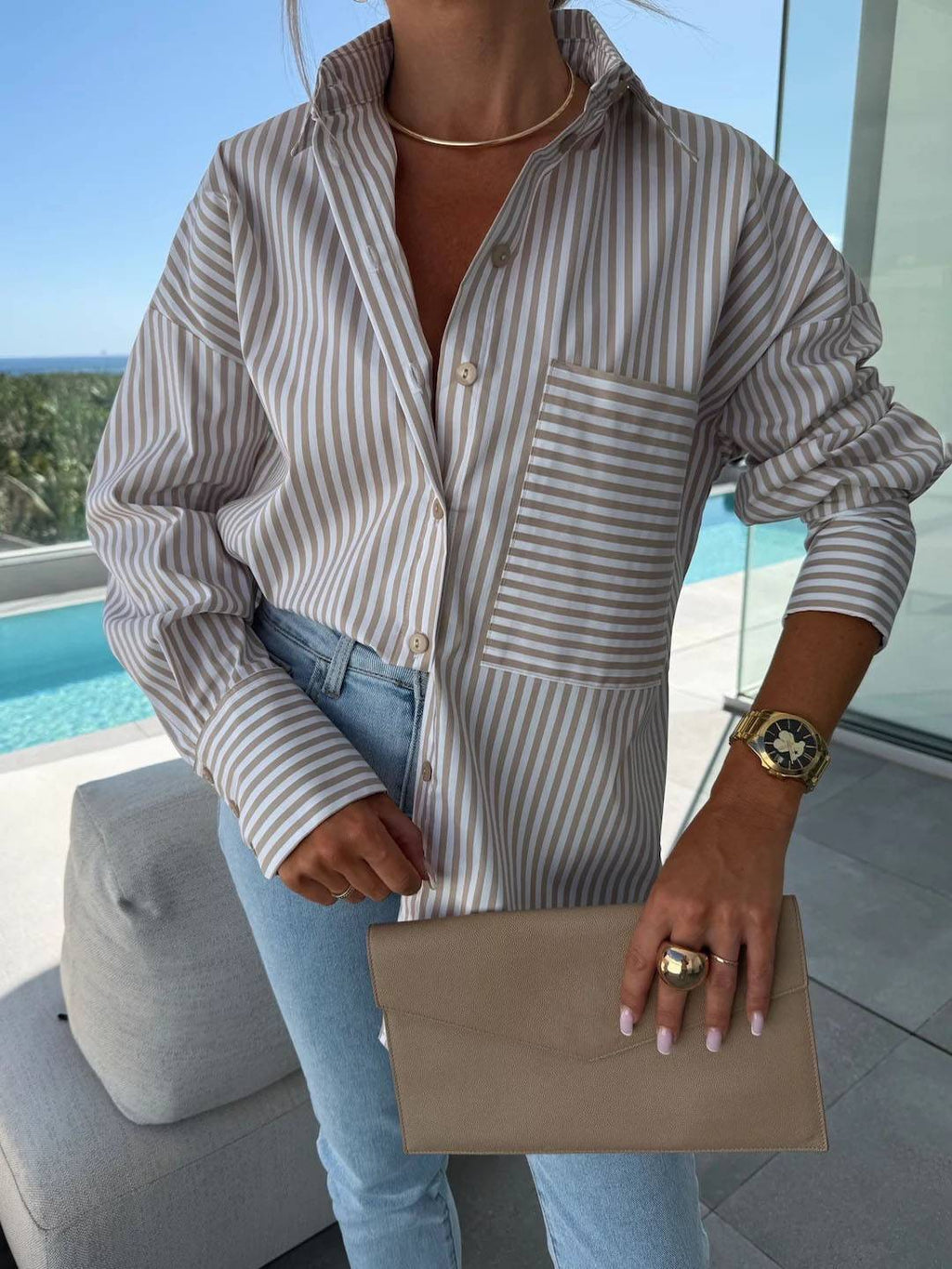 Valenzora | Striped Blouse Button-Up Shirt Collar Long Sleeves Women's Elegant Tailored Casual Plus Sizes