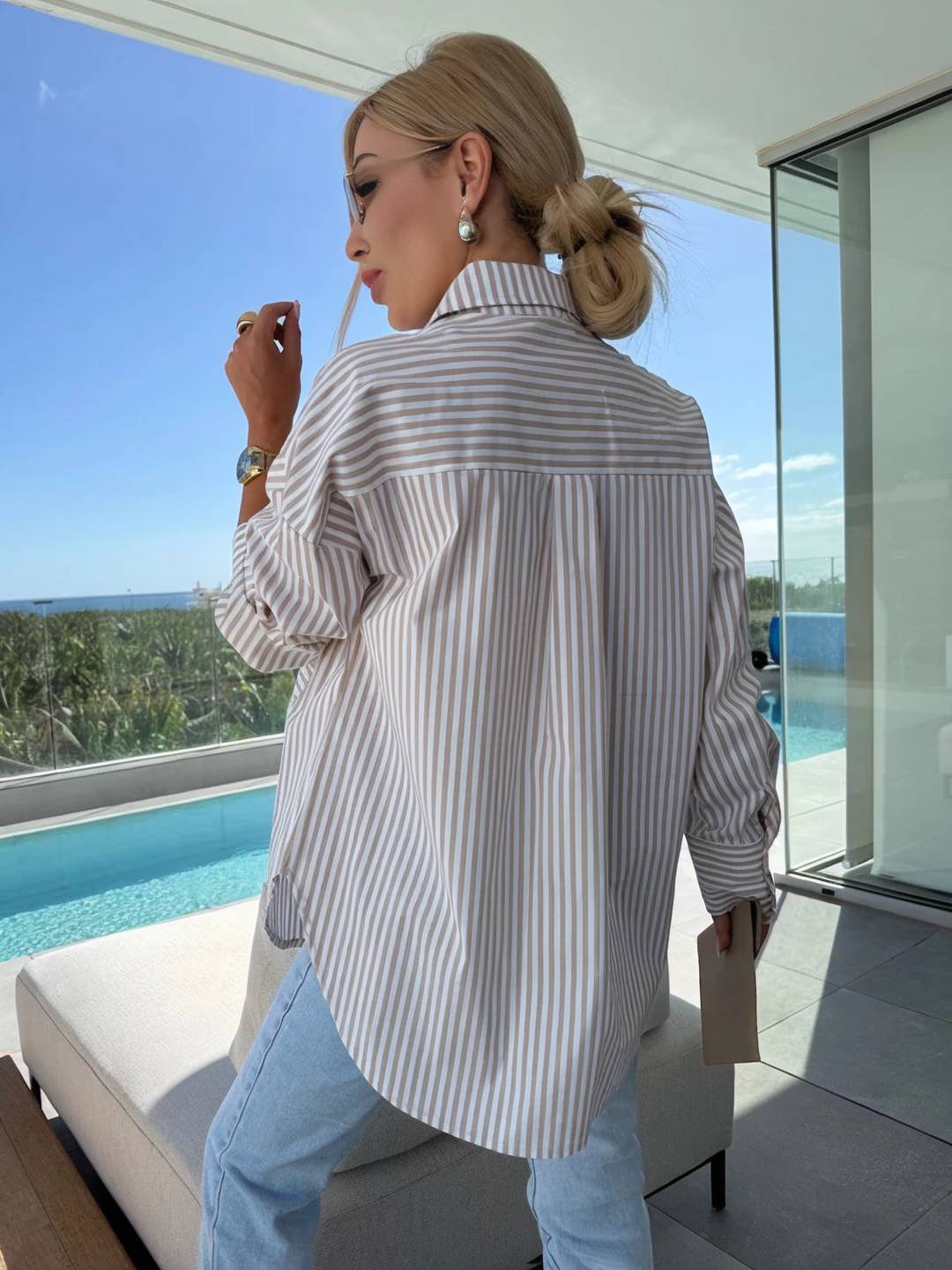 Valenzora | Striped Blouse Button-Up Shirt Collar Long Sleeves Women's Elegant Tailored Casual Plus Sizes