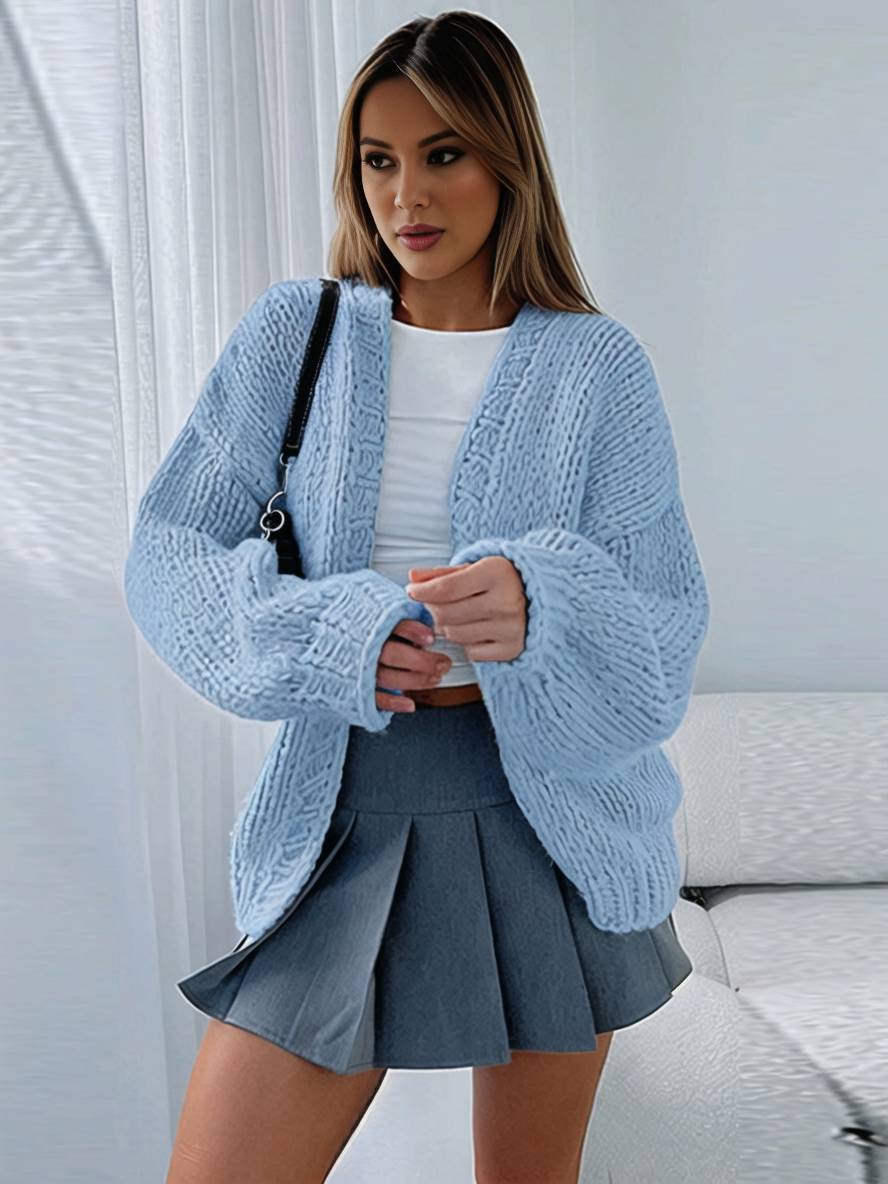 Valenzora | Chunky knit cardigan, solid color with dropped shoulders, long sleeve, women's, elegant, casual, wide, oversized blouson