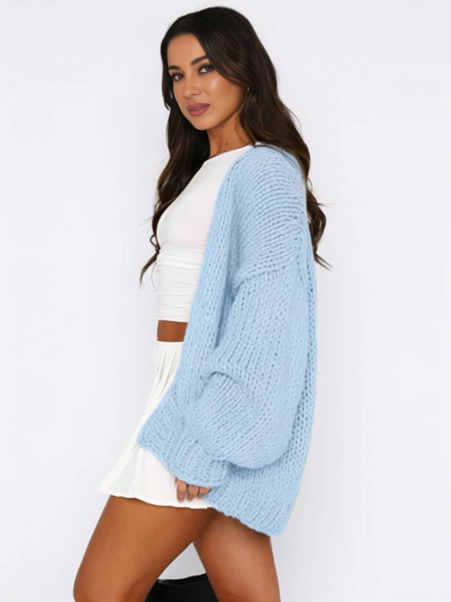 Valenzora | Chunky knit cardigan, solid color with dropped shoulders, long sleeve, women's, elegant, casual, wide, oversized blouson