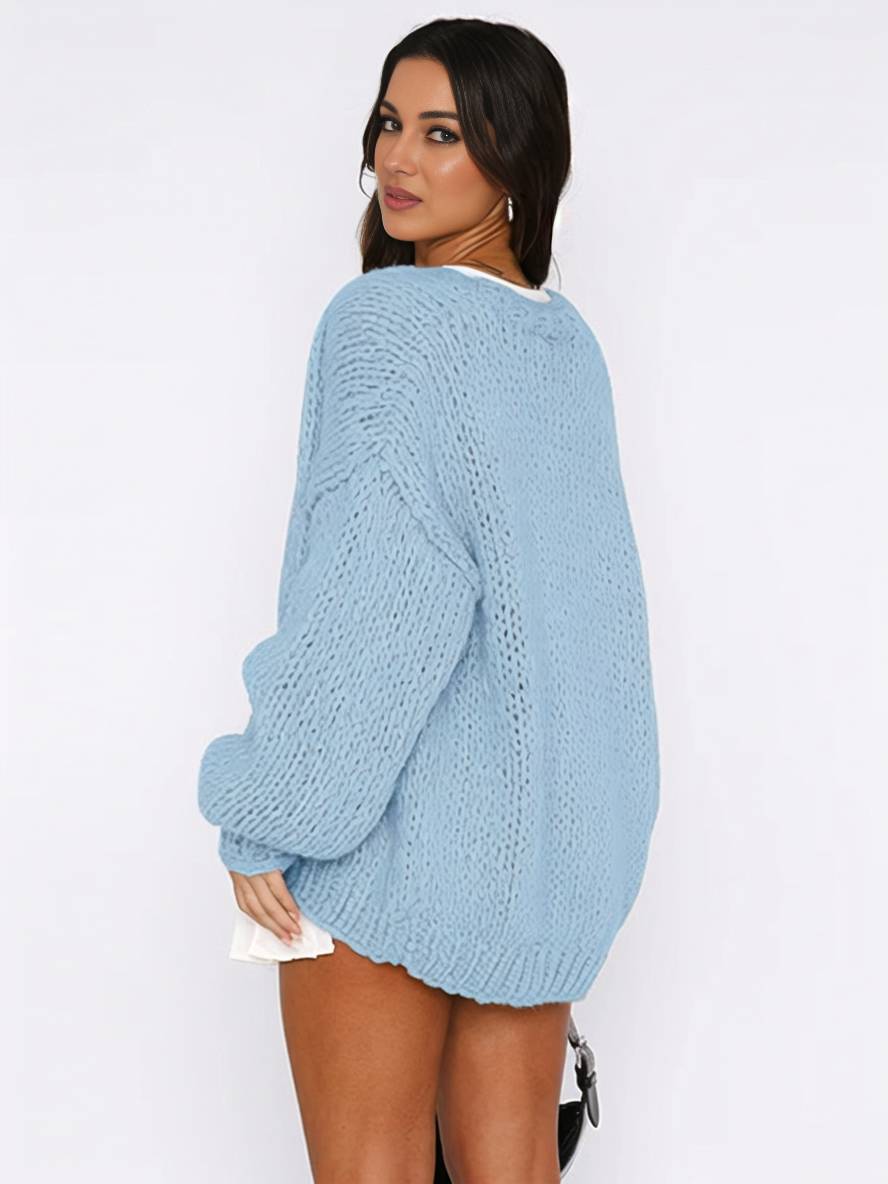 Valenzora | Chunky knit cardigan, solid color with dropped shoulders, long sleeve, women's, elegant, casual, wide, oversized blouson