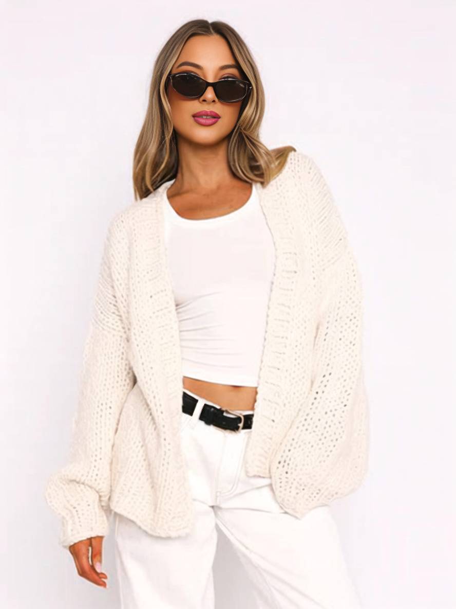 Valenzora | Chunky knit cardigan, solid color with dropped shoulders, long sleeve, women's, elegant, casual, wide, oversized blouson