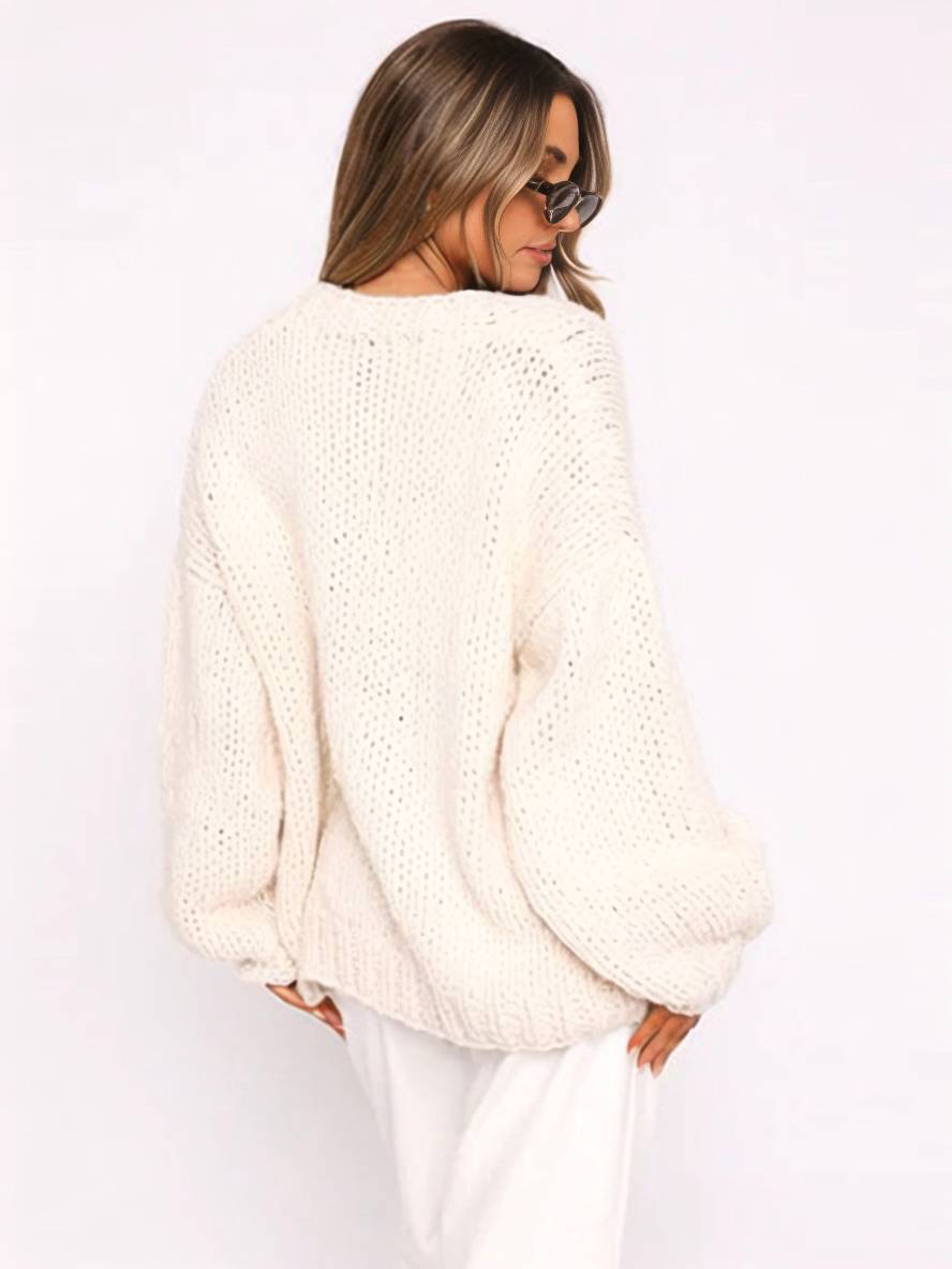 Valenzora | Chunky knit cardigan, solid color with dropped shoulders, long sleeve, women's, elegant, casual, wide, oversized blouson