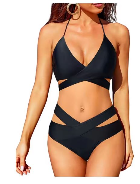 Valenzora | High-waisted bikini swimsuit push-up halter wrap criss-cross 2-piece set