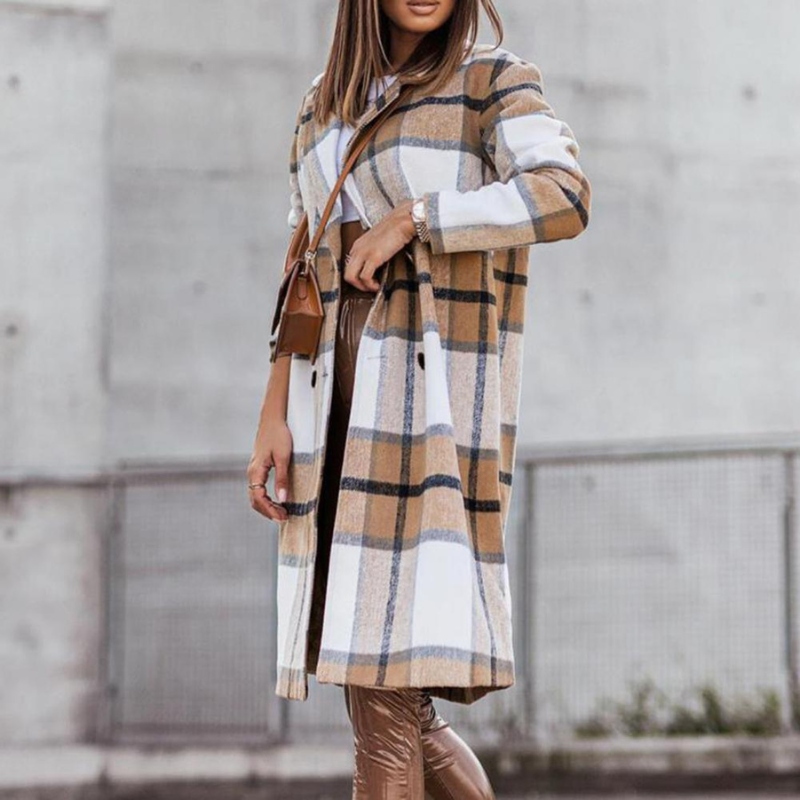 Wollmantel | Langer karierter Herbstmantel für Damen