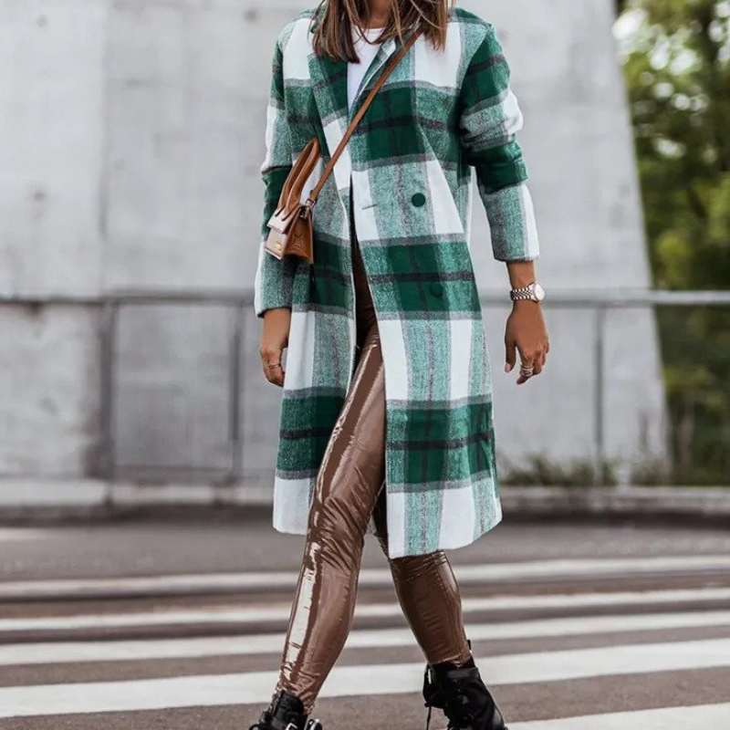 Wollmantel | Langer karierter Herbstmantel für Damen