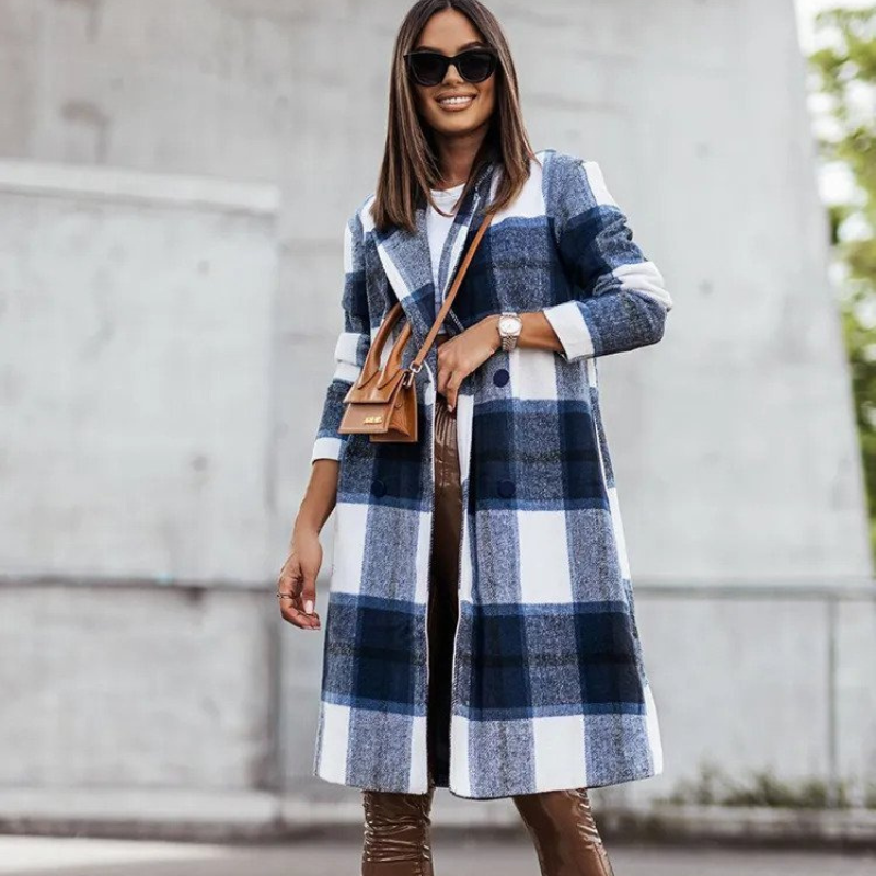 Wollmantel | Langer karierter Herbstmantel für Damen