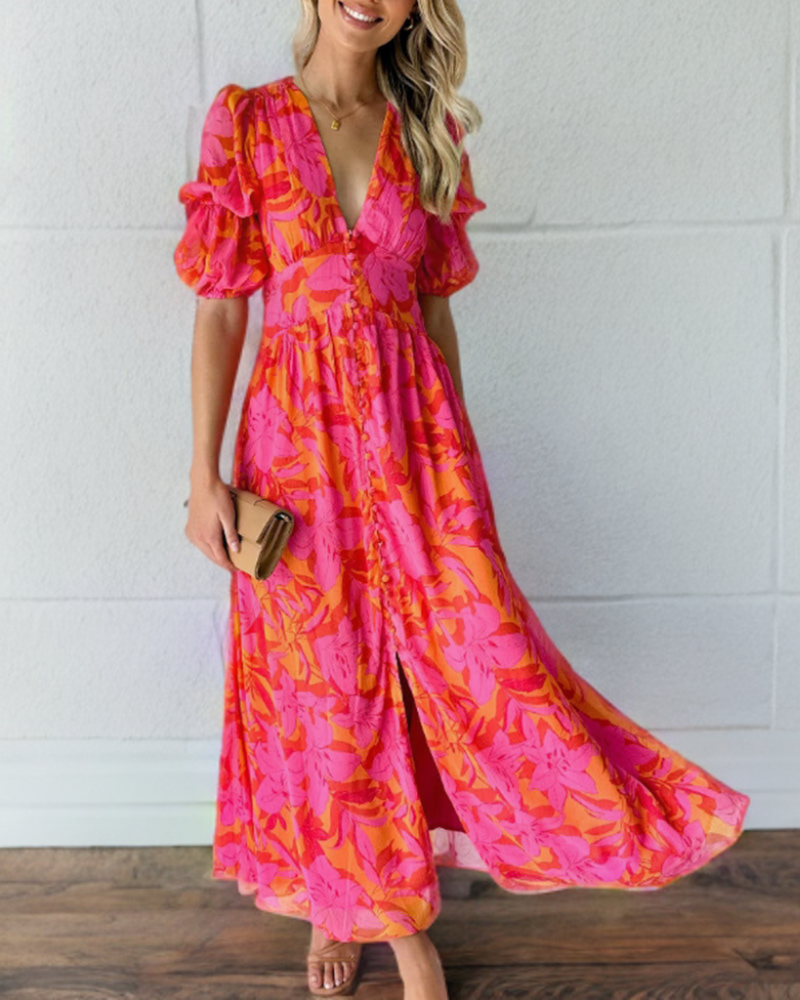 Valenzora | Elegantes Kleid mit Puffärmeln und tiefem V-Ausschnitt, bedruckt