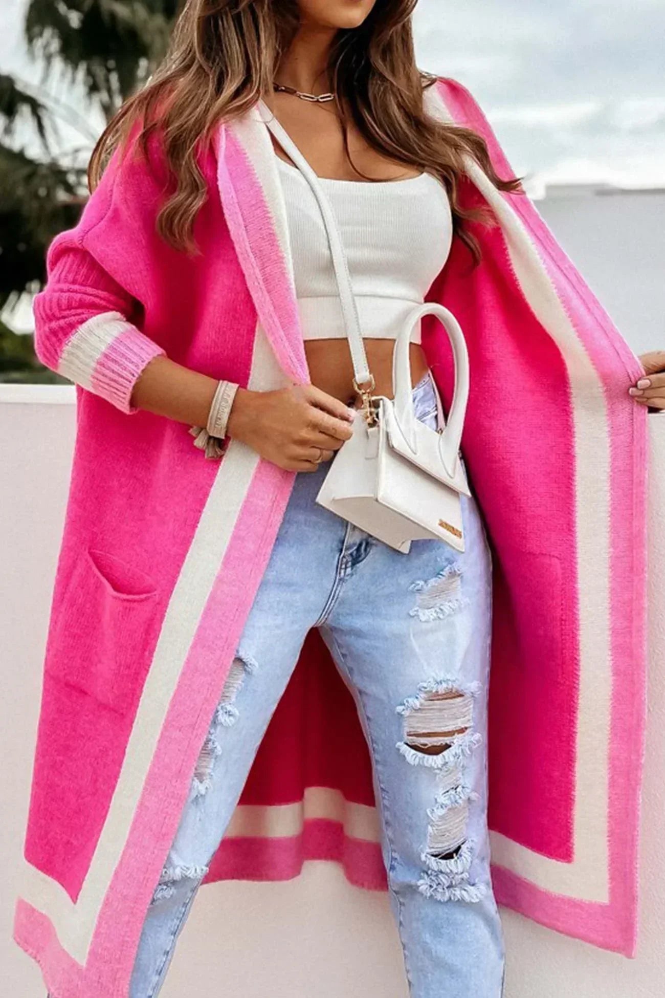 Marianne™ - Long cardigan with contrasting hoodie and open front