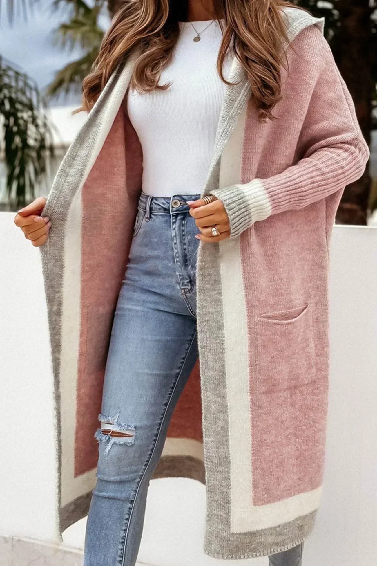 Marianne™ - Long cardigan with contrasting hoodie and open front