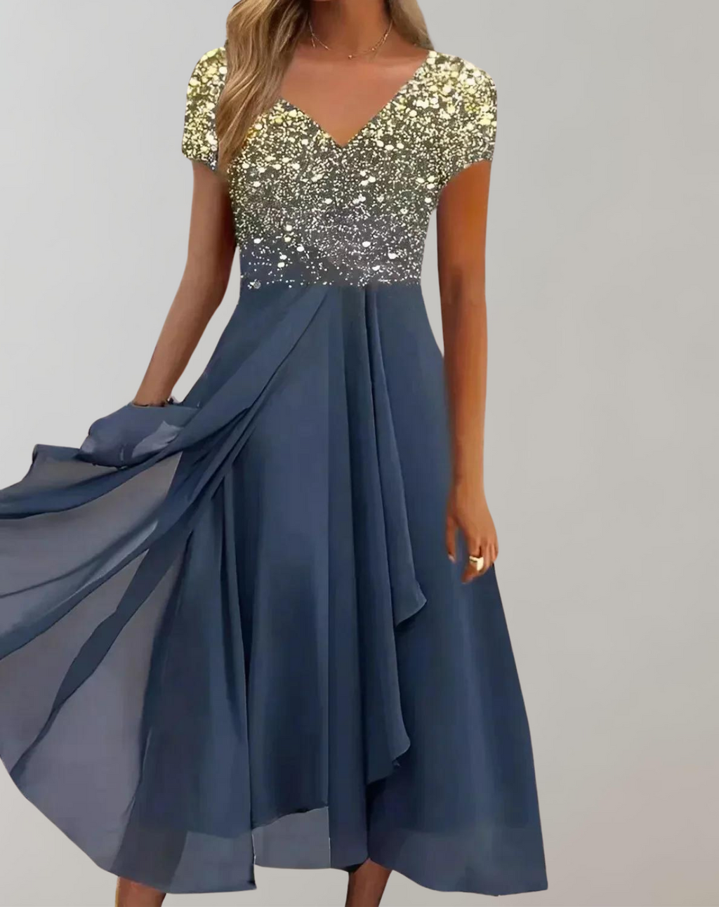 Valenzora – Kleid mit leuchtenden Blüten | Abendkleid für Damen | Kleid mit glänzendem Oberteil