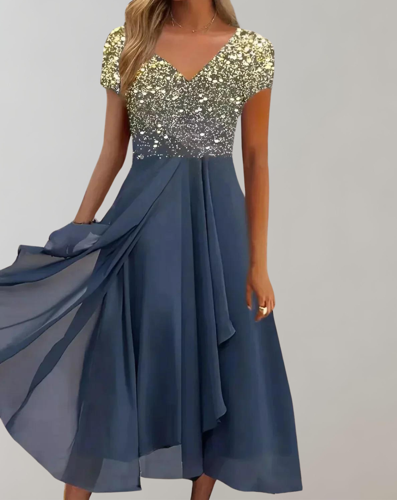 Valenzora – Kleid mit leuchtenden Blüten | Abendkleid für Damen | Kleid mit glänzendem Oberteil