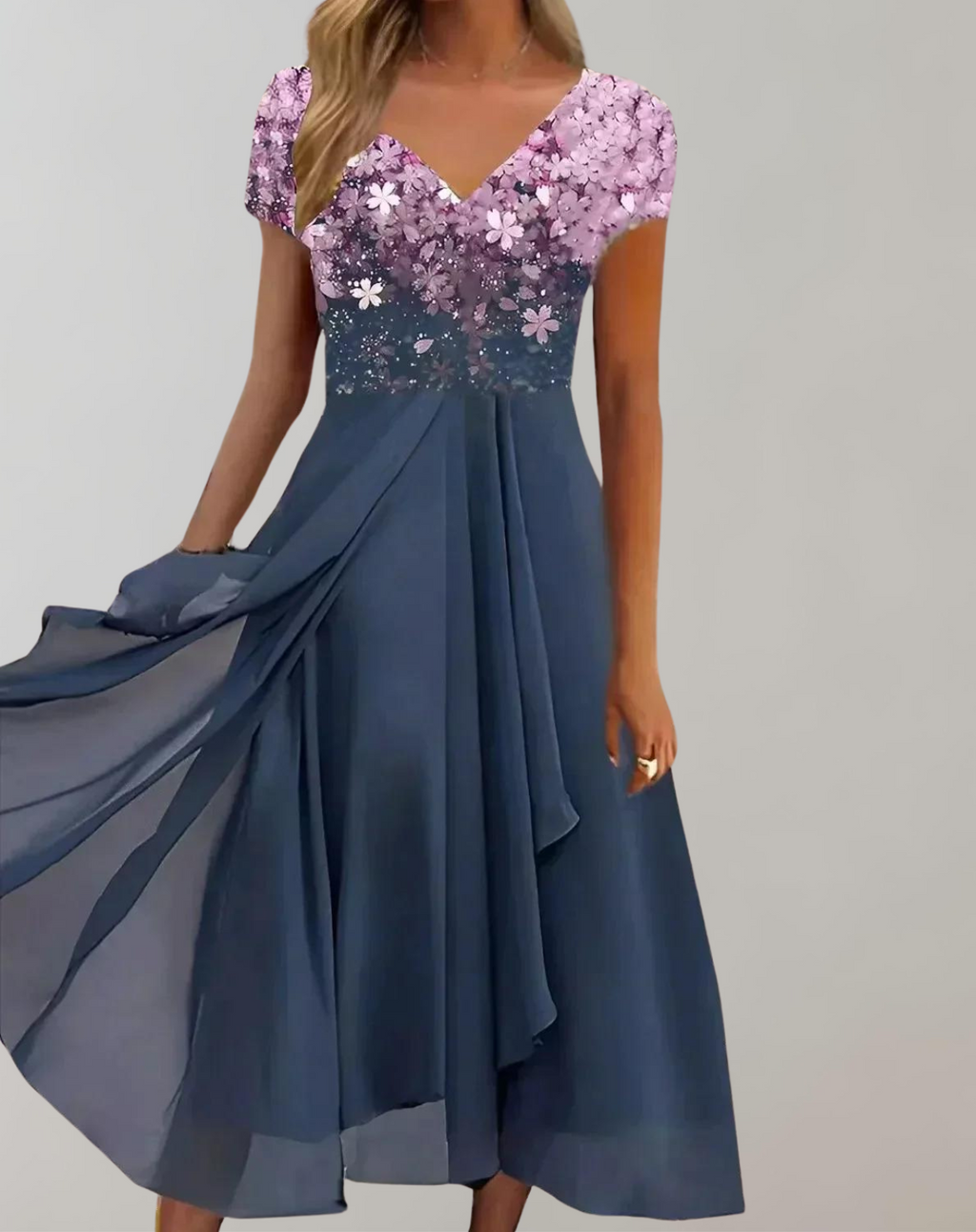 Valenzora – Kleid mit leuchtenden Blüten | Abendkleid für Damen | Kleid mit glänzendem Oberteil